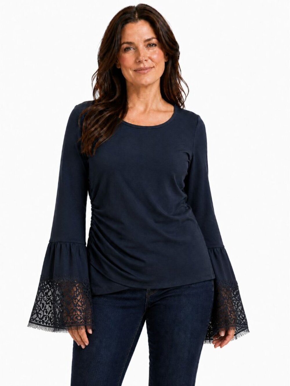 Kobi Halperin Womens Miley Blouse Black Long Sleeve Lace Trim Side Gather Size L